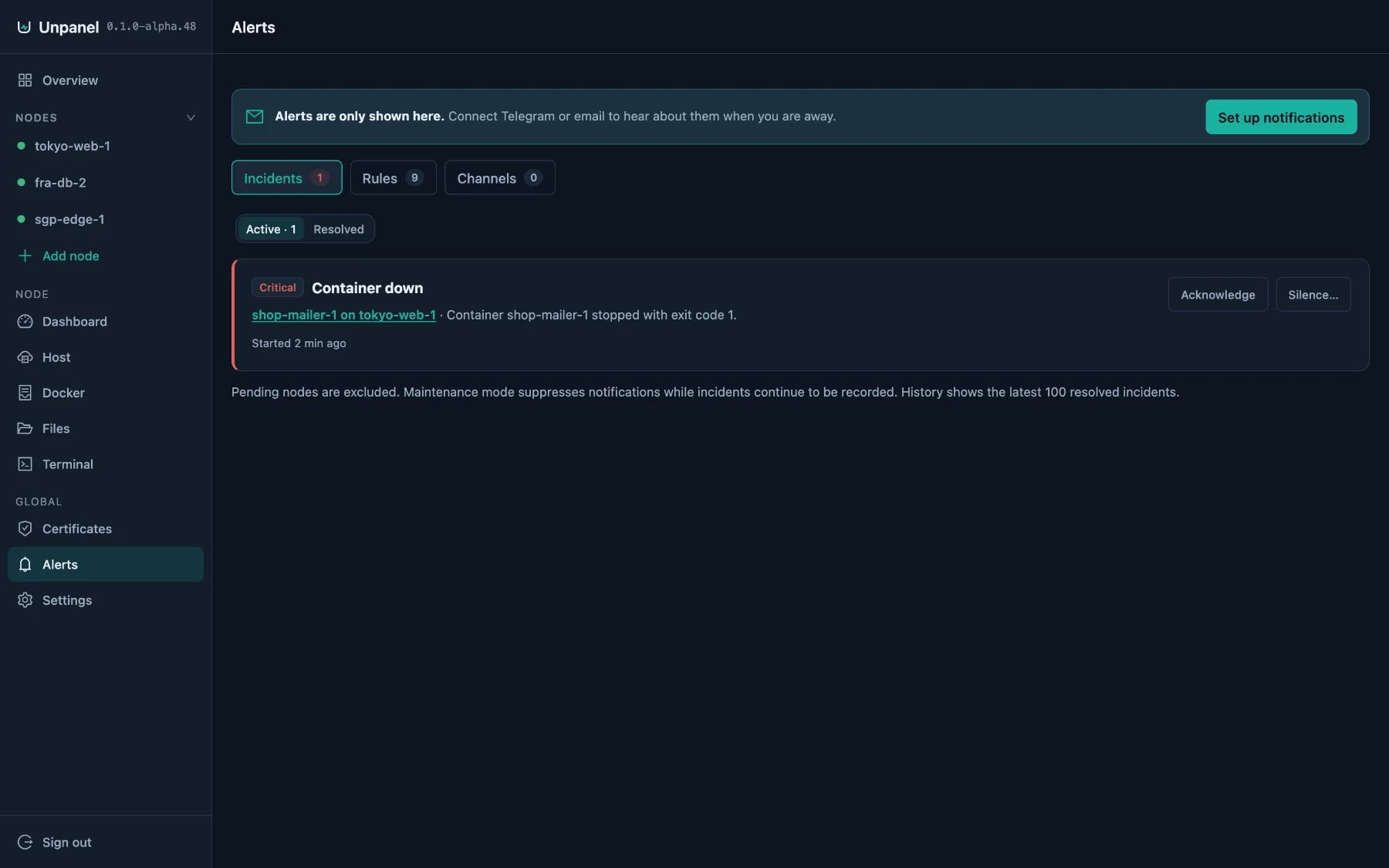 The Alerts page with an active container incident