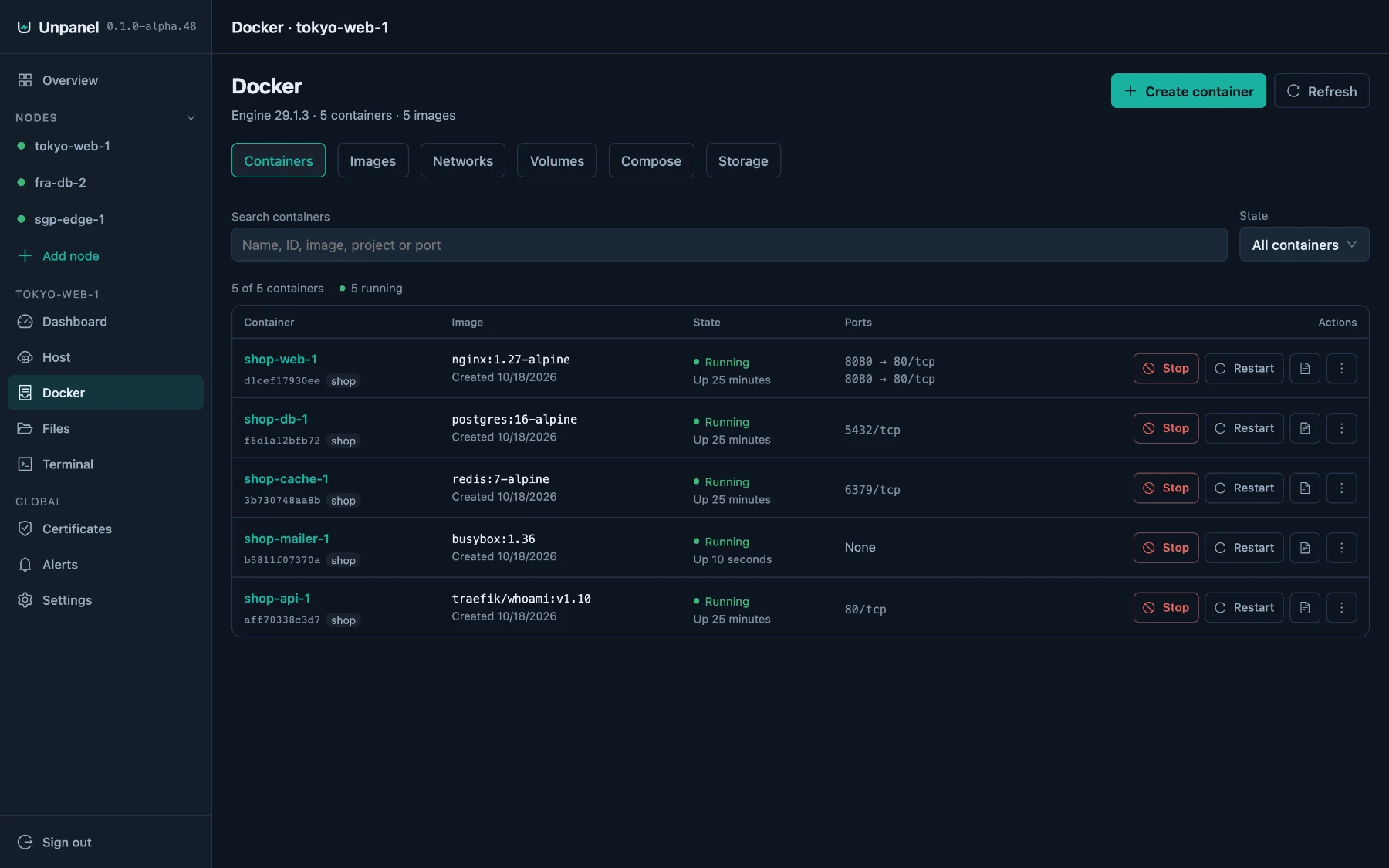 The Docker page listing the shop stack's containers